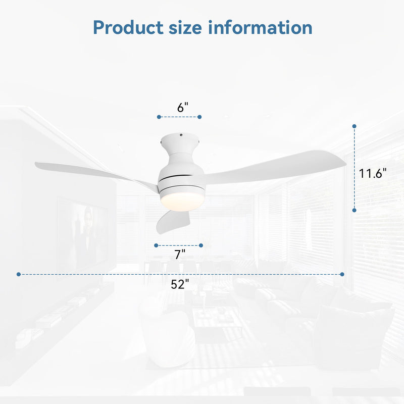 52" Low Profile Ceiling Fan With Lights, Quiet Reversible DC Motor, Dimmable LED, 3 Blades - White