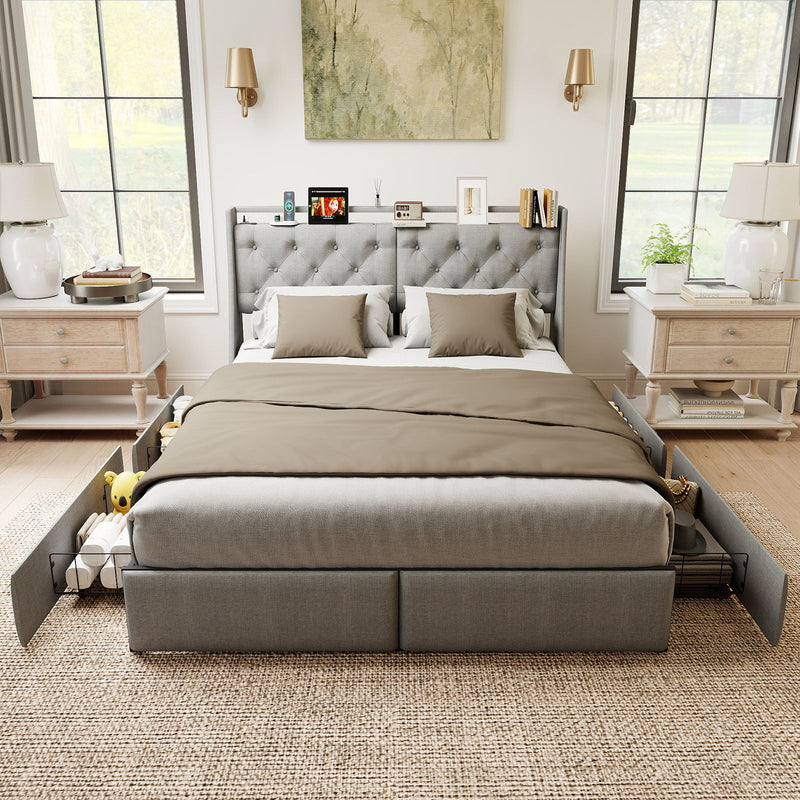 Platform Bed Frame With RGB LED Lights, Charging Station, Storage Headboard & 4 Underbed Drawers