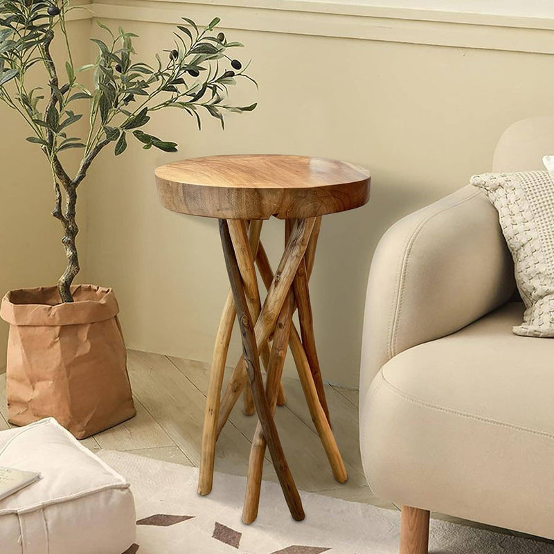 Solid Teak Wood End Table With Branched Legs Home Decor