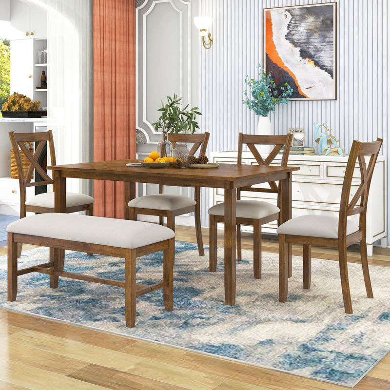 6 Piece Rectangular Dining Table Set With 4 Chairs And Bench