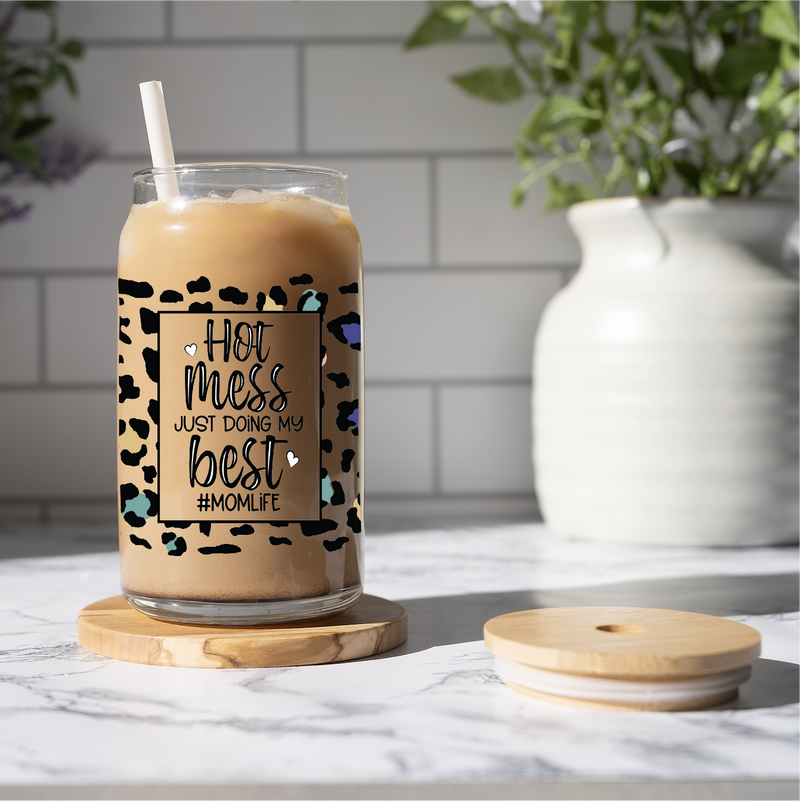 16 oz Iced Coffee Glass Can - HOT MESS JUST DOING MY BEST #MOM LIFE