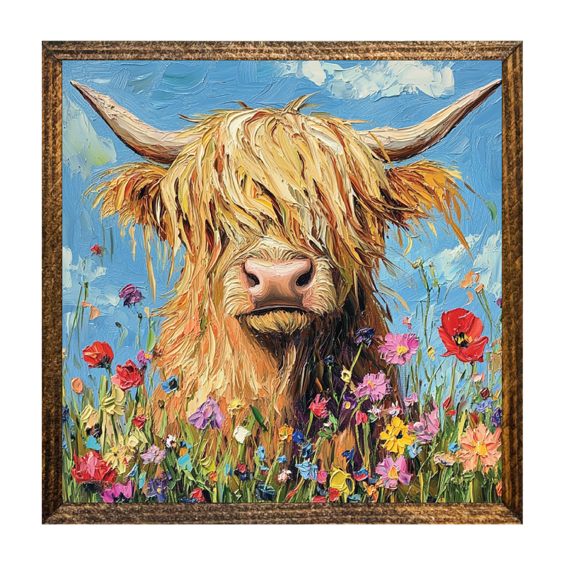 7"x7" WOOD FRAMED CANVAS SHELF SITTER-HIGHLAND COW FLRL ART
