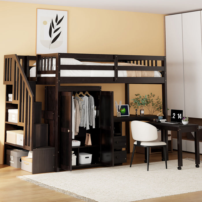Loft Bed With Stairs, Bookshelf, Drawers, Desk & Wardrobe, Space Saving Multifunctional Furniture