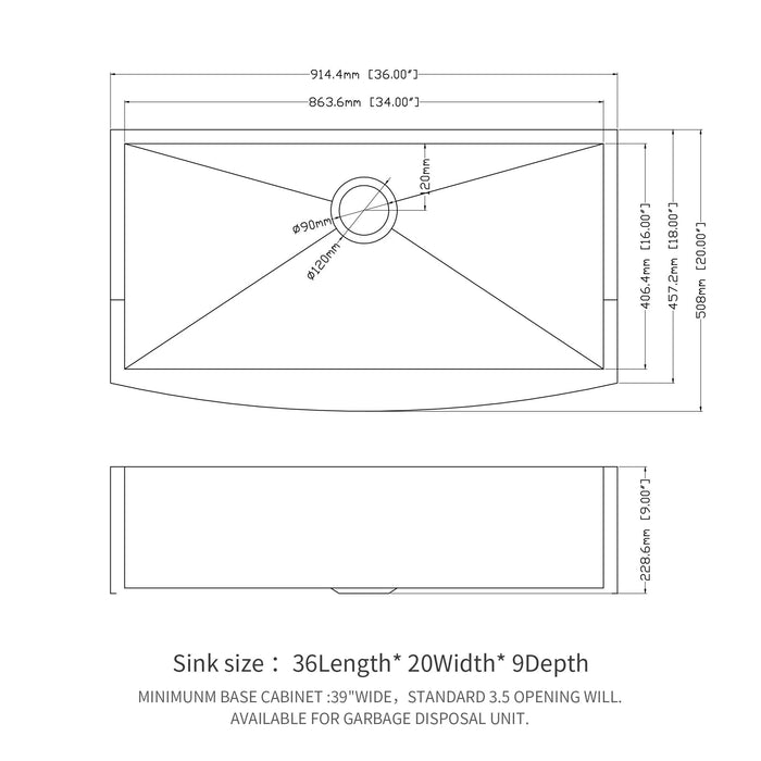 Farmhouse 36" Kitchen Sink Stainless Steel Apron Front - Brushed Nickel