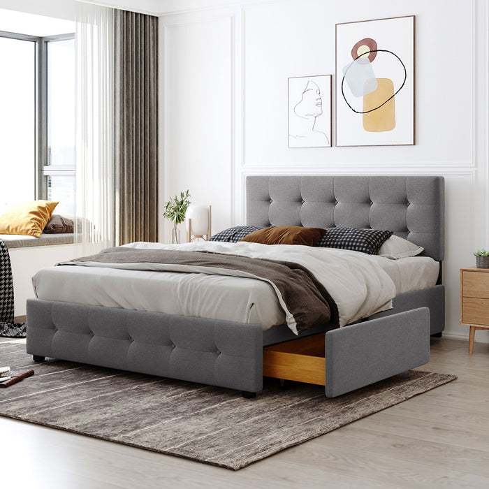Upholstered Platform Bed With Classic Headboard And Drawers, No Box Spring Needed