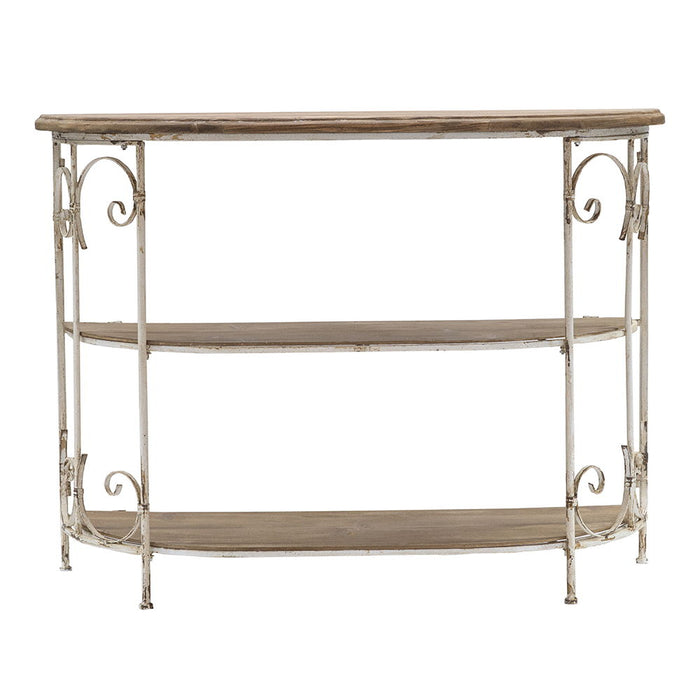3 Tiered Wooden Shelving Unit With Ornate Iron Frame - Multicolor