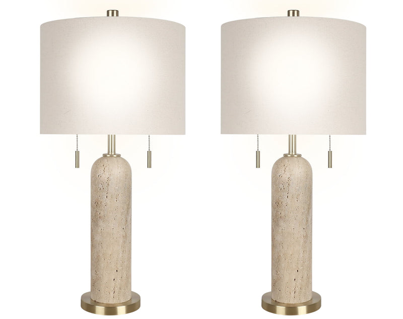 "Travertine Elegance" Travertine Table Lamp (Set of 2) - Travertine / Soft Gold