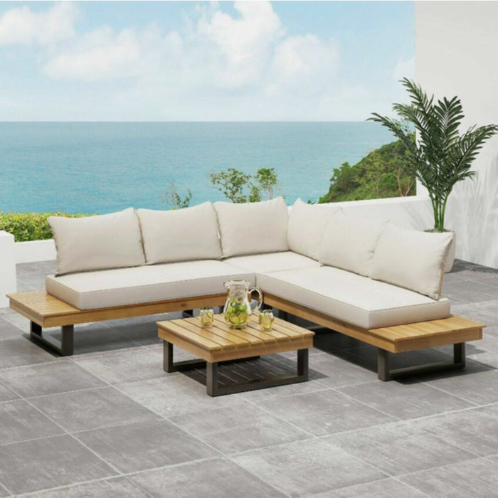 Sebastian - Hand Crafted 4 Piece Sofa Set With Water Resistant Cushions - Beige / Teak