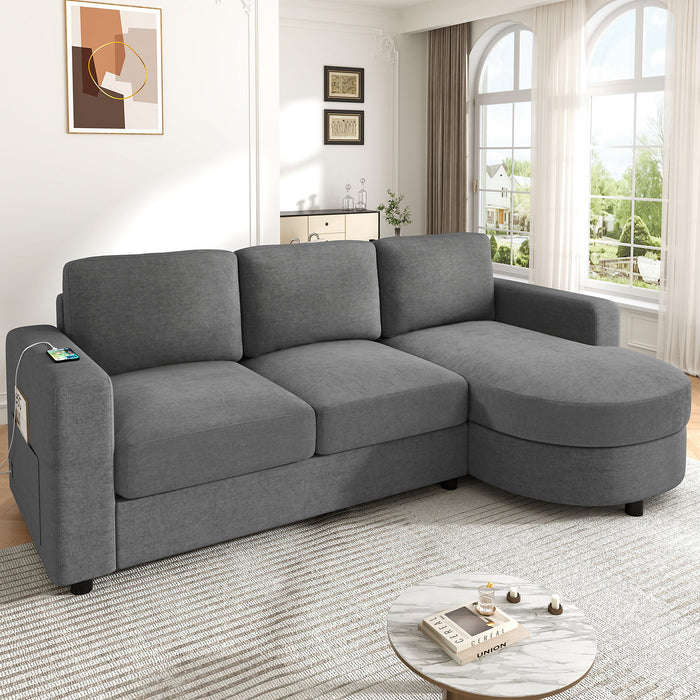 Modern L-Shaped Sectional Sofa With Curved Chaise, USB Ports, And Side Storage Pockets