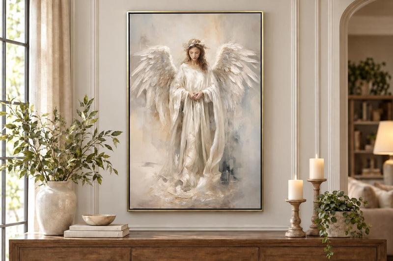 Angel Of Quiet Light - 30 X 44 - Hand-Embellished Canvas In Frame - Ivory, Beige, Gray