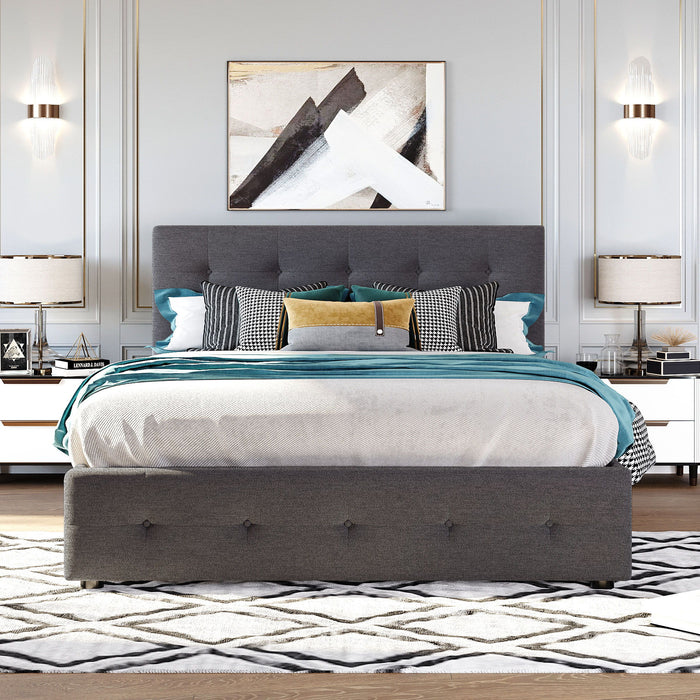 Upholstered Platform Bed With Classic Headboard And Drawers, No Box Spring Needed