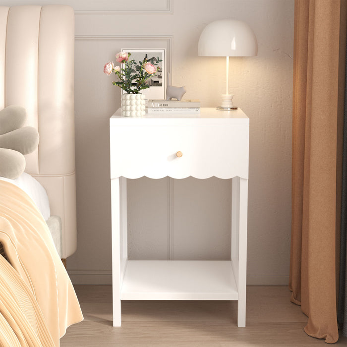 Nightstand With Drawer And Open Shelf, Scalloped Edge Bedside Table For Bedroom - White
