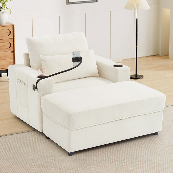 Modern Style Armchair Chaise Lounge Sofa Couch With Movable Storage Ottoman, USB Ports, Cup Holders, Phone Holder, Side Pockets