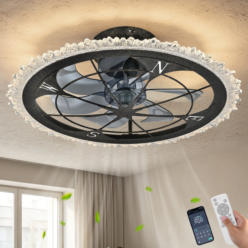 Caged Ceiling Fan & Remote Controlled Dimmable LED Lights, Flush Mount Fan, Low Profile Design - Antique Black
