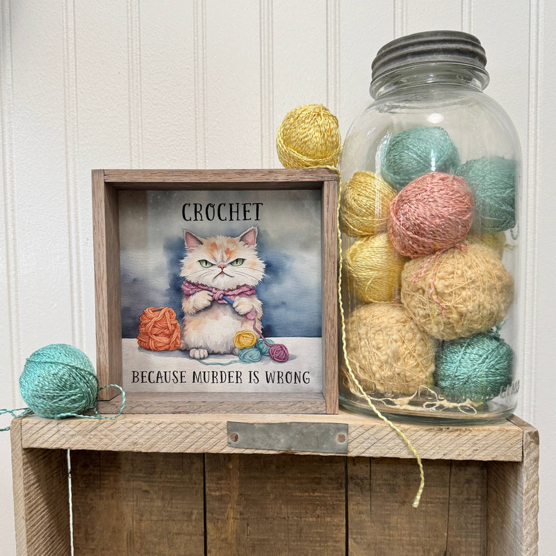 Crochet Cat - Funny Animal Canvas Art - Wood Framed Wall Art