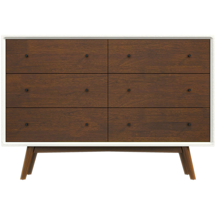 Mid-Century Modern White Dresser 6 Drawer - Dark Brown / White