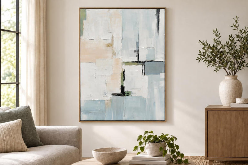 Quiet Intervals II - 35 X 47 - Hand-Painted Canvas In Frame - Ivory, Pale Blue, Beige, Gray, Black, Muted Green
