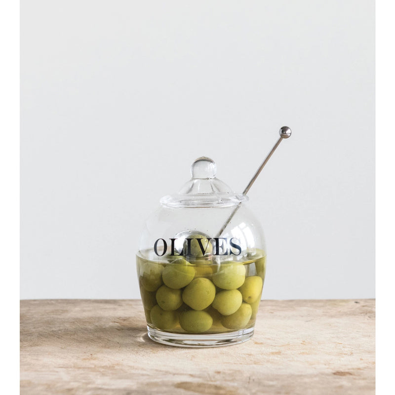 Olive Glass Jar with Slotted Spoon | Set of 3