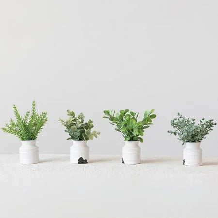 Faux Plant in Stoneware Pot | Distressed White Finish