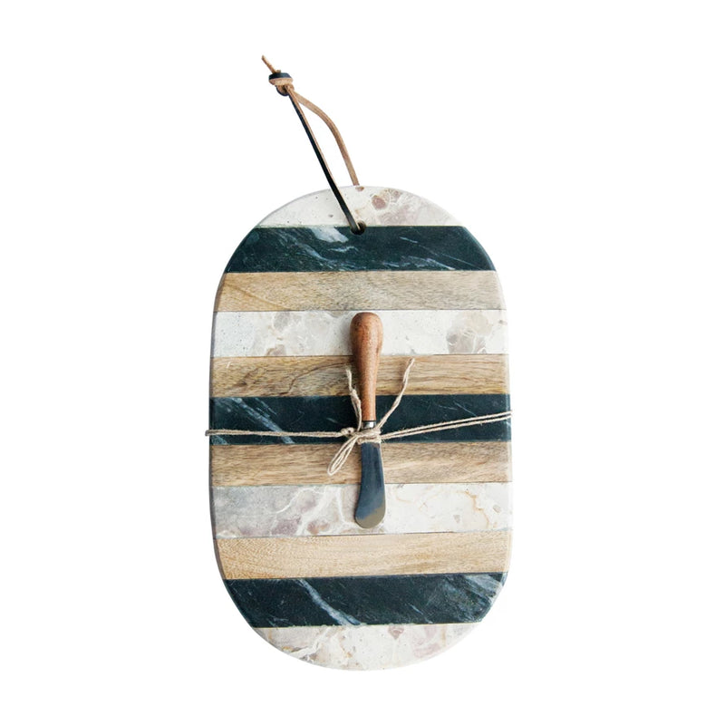 Oval Marble & Mango Wood Cheese/Cutting Board w/ Stripes | Leather Tie & Stainless Steel Canape Knife