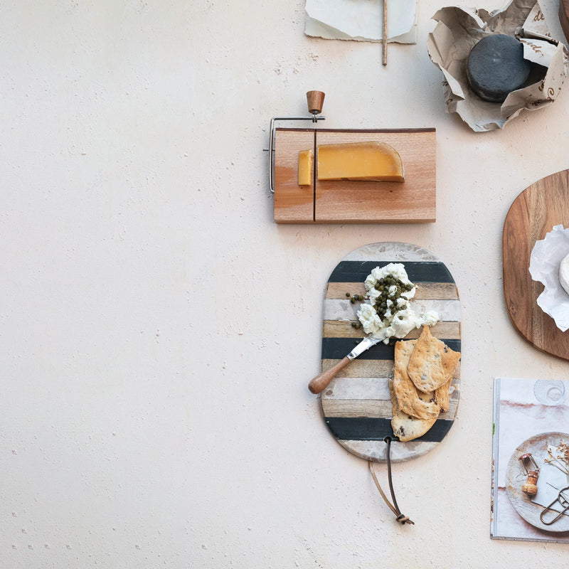 Oval Marble & Mango Wood Cheese/Cutting Board w/ Stripes | Leather Tie & Stainless Steel Canape Knife