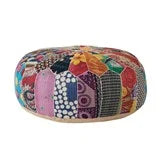 Vintage Cotton Kantha Patchwork Pouf w/ Embroidery