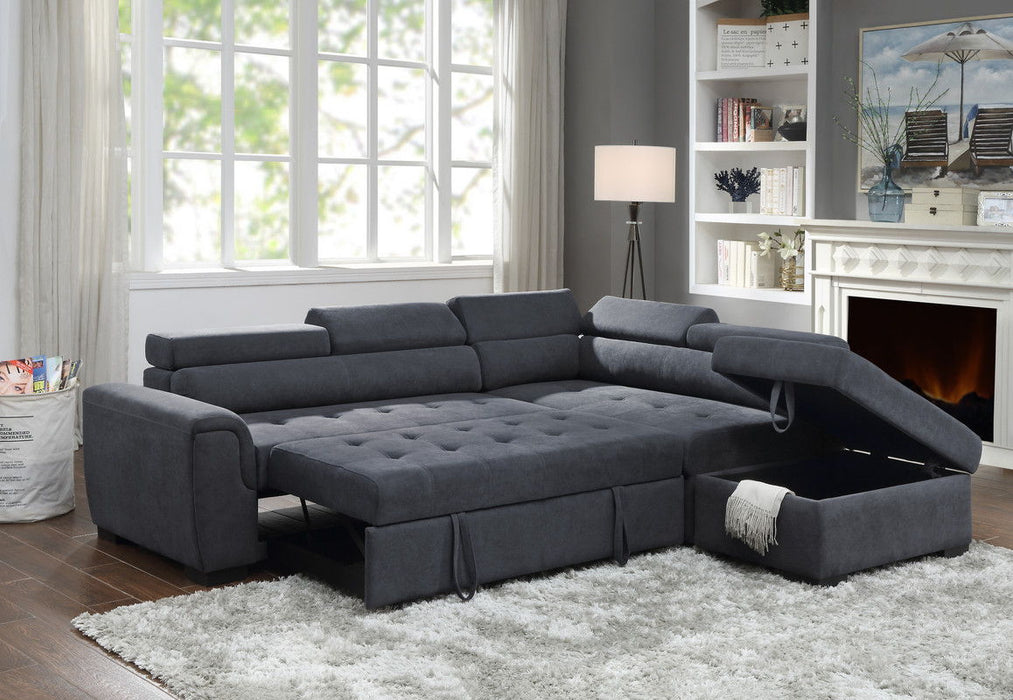 Haris - Sleeper Sofa Sectional With Adjustable Headrest And Storage Ottoman - Dark Gray