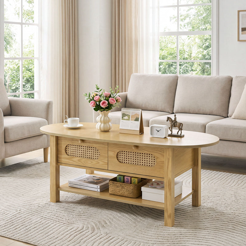 Oval Coffee Table With With 2 Storage Drawers For Living Rooms - Wood
