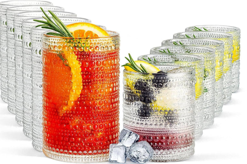 Hobnail Drinking Glasses with Straws |Clear Colors |Set of 6
