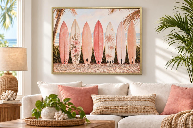 Coral Surf Club - 40 X 30 - Hand-Embellished Canvas In Frame - Pink