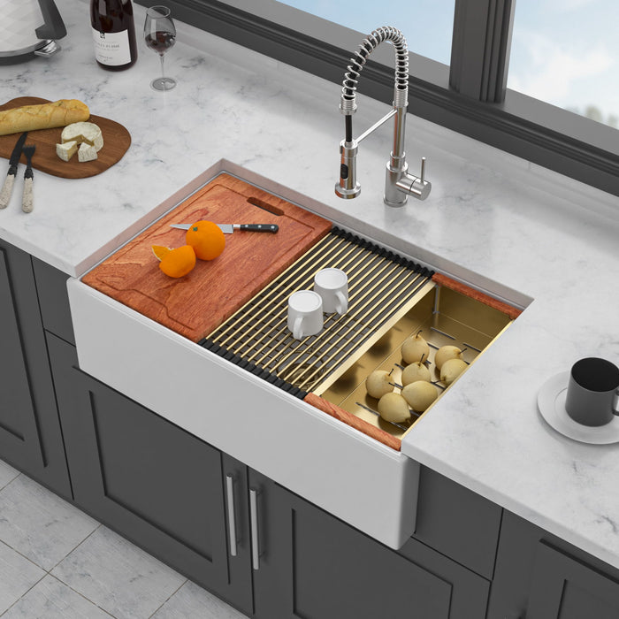 Workstation Single Bowl, Apron Front Kitchen Sink - White