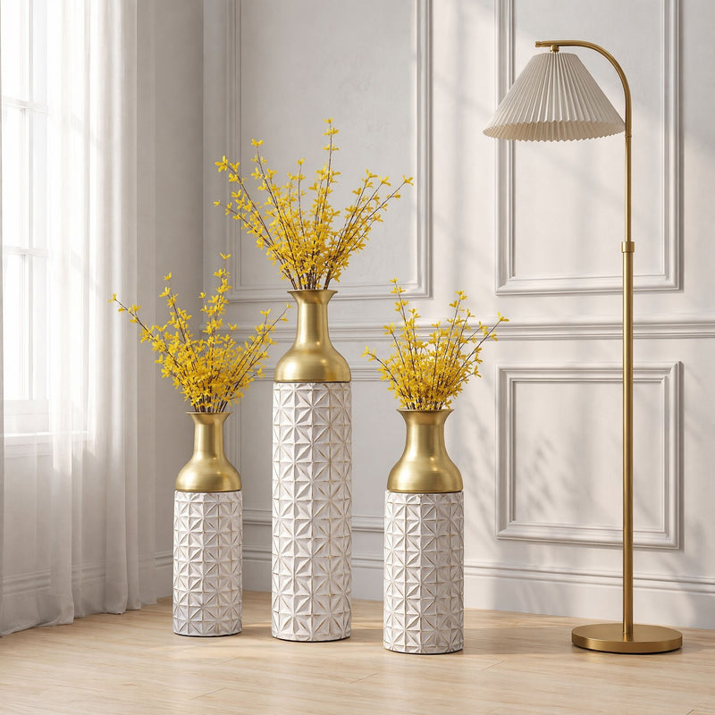 Tall Textured Geometric Decorative Floor Vases Home Decor (Set of 3) - White / Gold