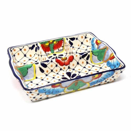 Encantada Handmade Pottery 9-inch Divided Platter, Dots & Fl