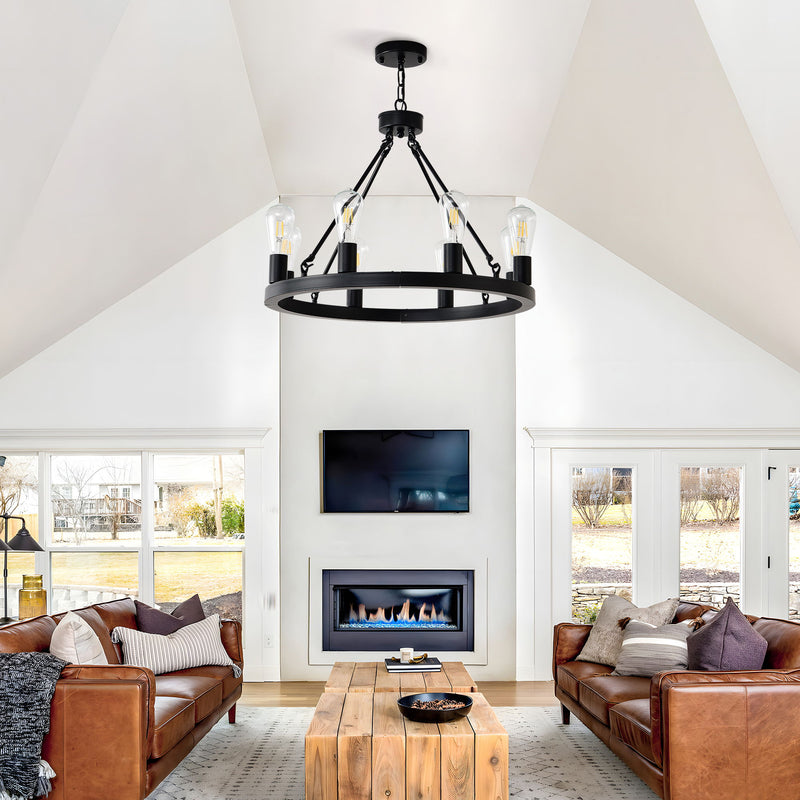 6 Light (No Bulbs) Wagon Wheel Chandelier Farmhouse Modern Small Round Chandelier For Living Room Kitchen Island Foyer Hallway Entryway Bedroom Dining Room Light Fixture Ceiling Hanging - Matte Black