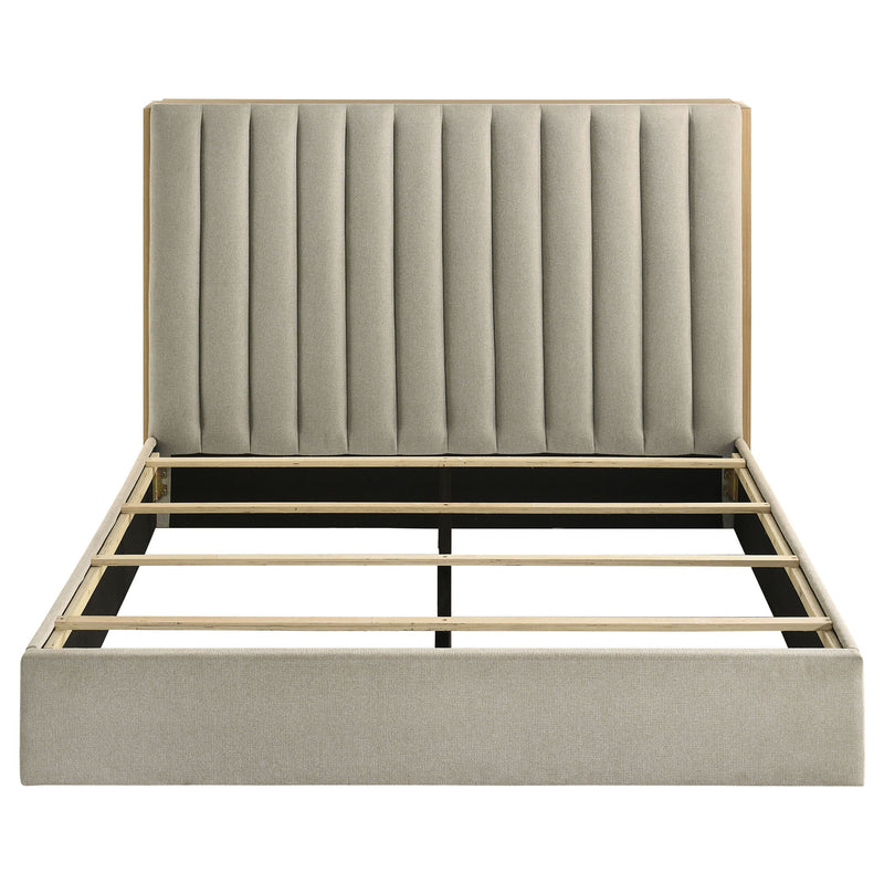 Merritt - Queen Bookcase Storage Bed With Tufted Headboard - Light Oak / Light Tan