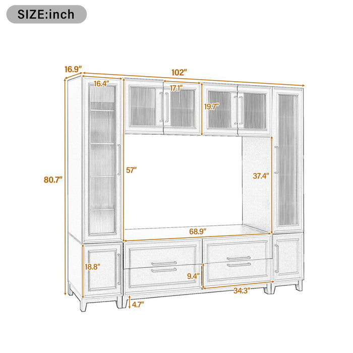 Wall Unit Entertainment Center With Glass Doors For TVs Up To 75" With Drawers For Living Room - White