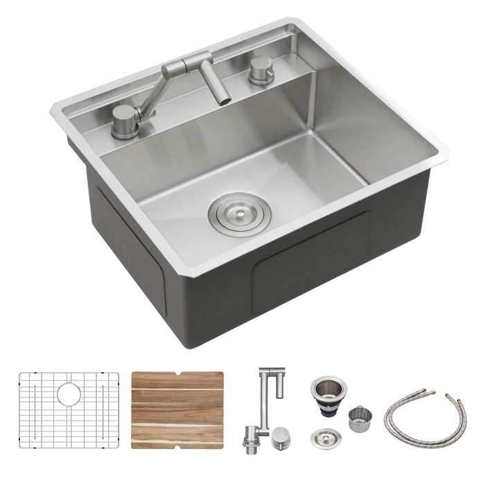 21" Undermount Kitchen Sink With Folding Faucet And Cutting Board Stainless Steel 16 Gauge Workstation - Brushed Nickel