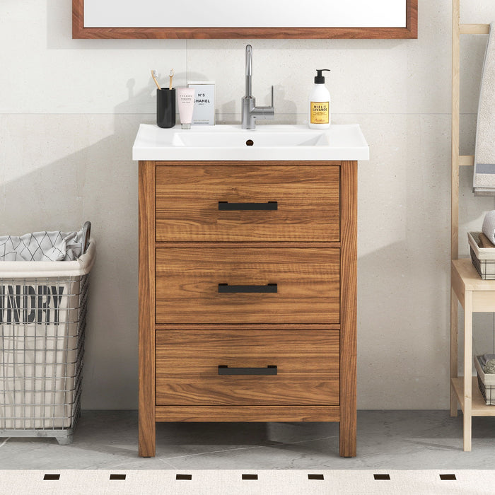 24'' Bathroom Vanity With Basin Sink, 3 Drawer Storage Cabinet - Natural Wood