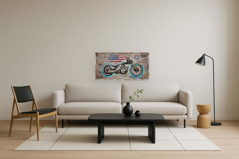 "Route Freedom" Hand-Embellished LED In Frame - Rustic / Neon