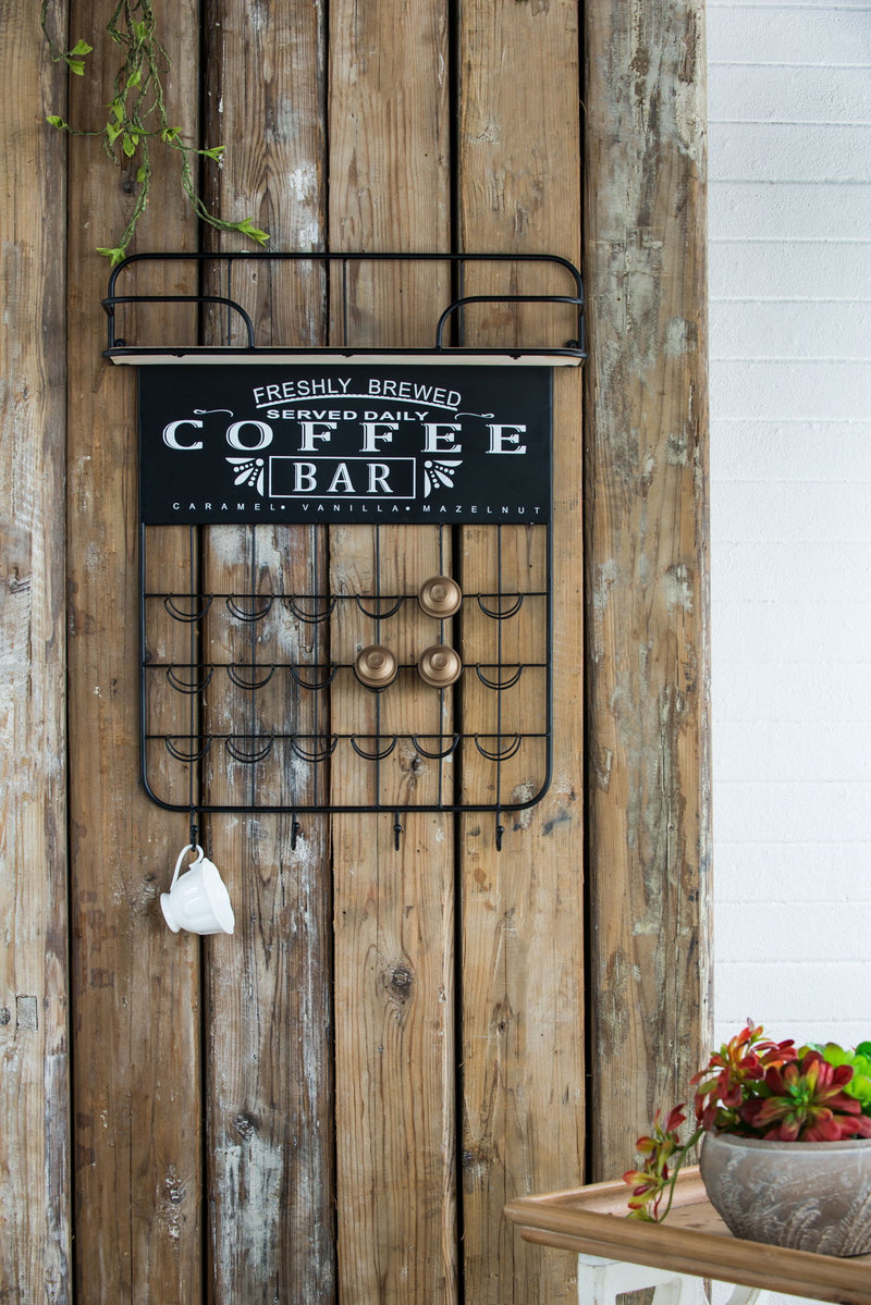 Floating Coffee Bar Shelf With Coffee Pod Holder, Hooks And Storage Shelf - Black