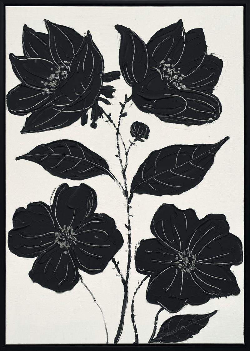 "Nocturnal Blooms I" Hand-Painted Canvas In Frame - Black
