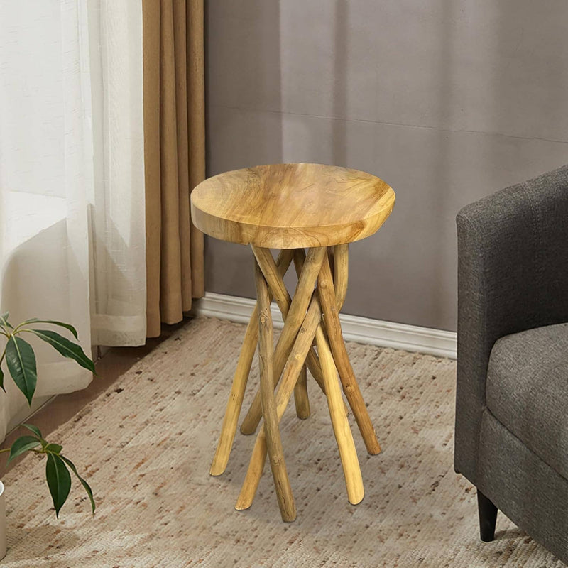 Solid Teak Wood End Table With Branched Legs Home Decor