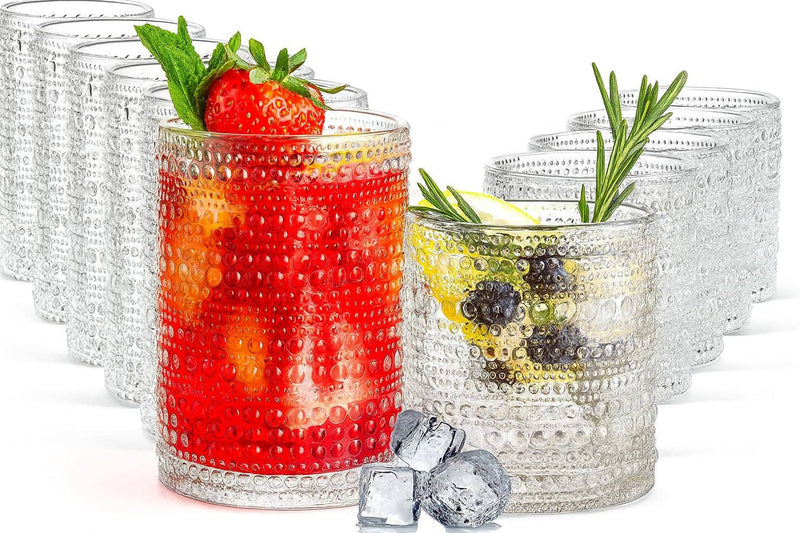 Hobnail Drinking Glasses with Straws |Clear Colors |Set of 6