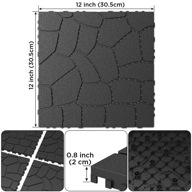Stone Texture Patio Deck Tiles, Diy Interlocking Outdoor Floor Tiles (Set of 44) - Dark Grey