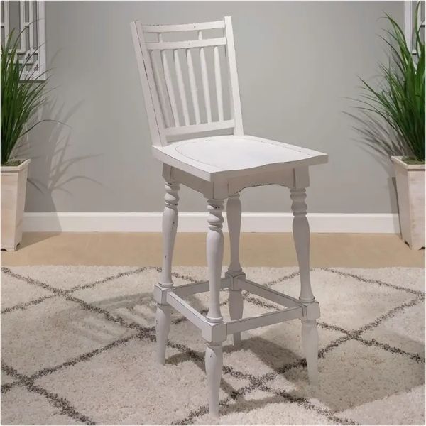 Magnolia Manor - Spindle Back Swivel Bar Stool - Antique White & Weathered Bark