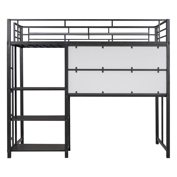 Metal Loft Bed With Desk, 3 Shelves And Ladder