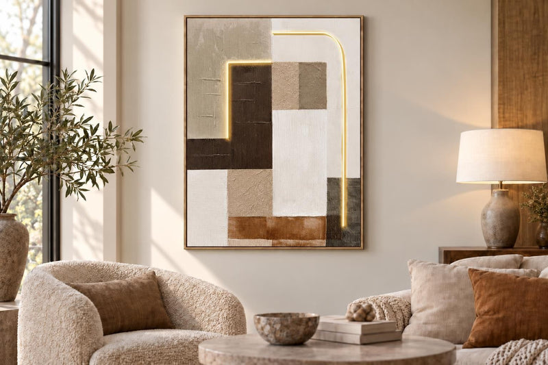 Earthen Circuit II - 35 X 47 - Hand-Embellished Neon Canvas In Frame - Beige