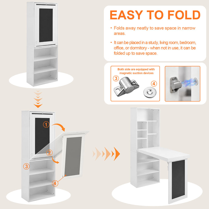 Folding Desk With Storage, Foldable Convertible Writing Table With Blackboard And Shelves For Home Office