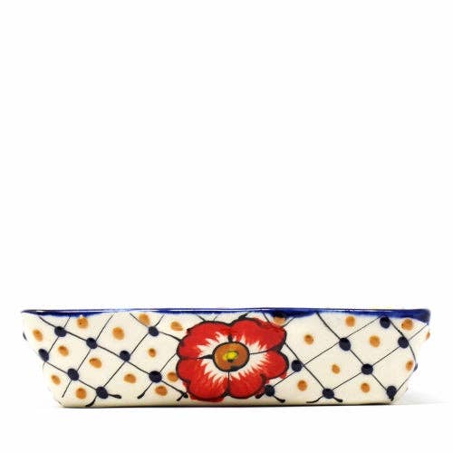 Encantada Handmade Pottery 9-inch Divided Platter, Dots & Fl