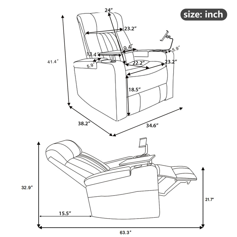 270° Power Swivel Recliner Home Theater Chair With Hidden Arm Storage, LED Light, Cup Holder, And Tray Table